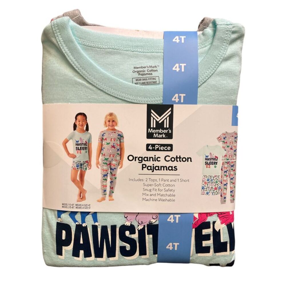 Member's Mark Girls 4 Piece Organic Cotton Pajama Set - Dogs and Cats